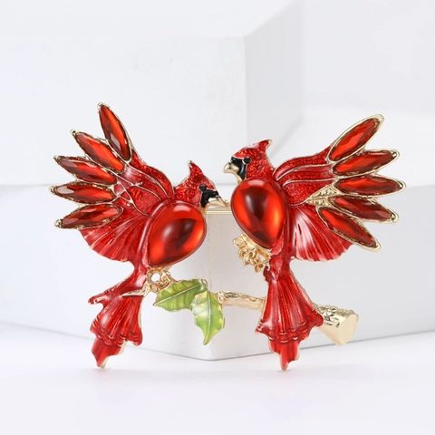 Fashion Alloy Rhinestone Red Cardinal Bird Brooch Pin For Women Elegant Animal Breastpin Branch Enamel Jewelry Accessory