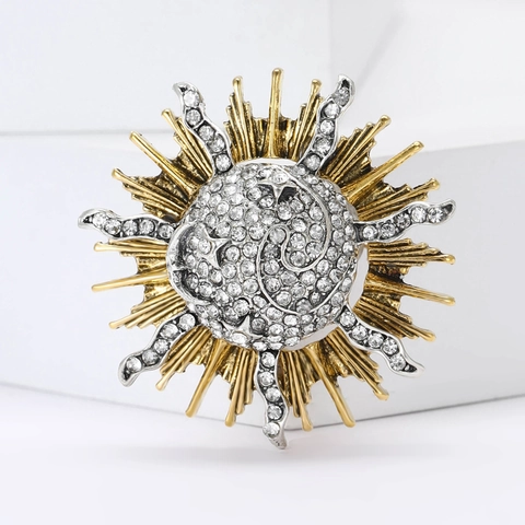Spilla Vintage in Lega con Strass a Forma di Sole e Luna per Donna Oro Argento Bicolore Spilla di Lusso per Abito Maglione