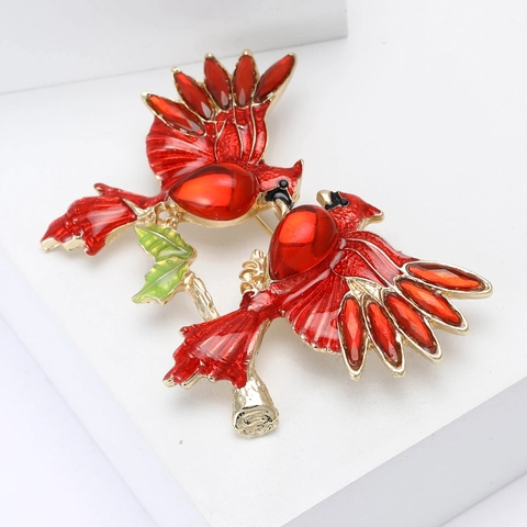 Fashion Alloy Rhinestone Red Cardinal Bird Brooch Pin For Women Elegant Animal Breastpin Branch Enamel Jewelry Accessory