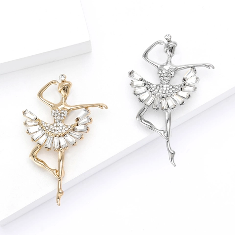 Elegant Alloy Ballet Girl Brooch With Rhinestones Gold Silver Plated Dancing Dancer Pins For Women Suit Coat Jewelry Gift