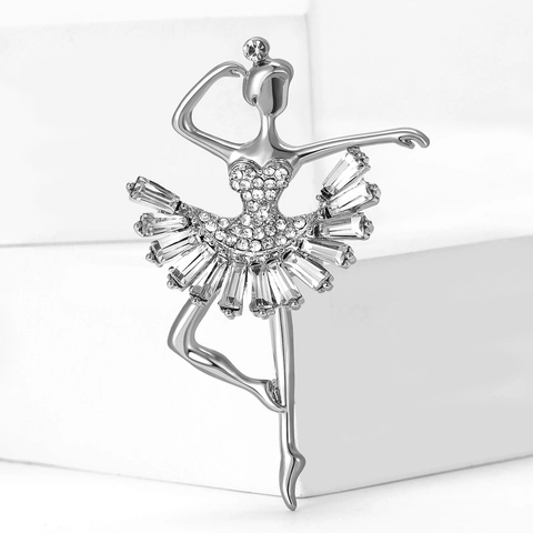Elegant Alloy Ballet Girl Brooch With Rhinestones Gold Silver Plated Dancing Dancer Pins For Women Suit Coat Jewelry Gift