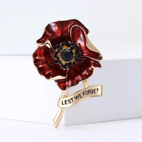 Rote Mohnblume Brosche Legierung Emaille Strass Lest We Forget Gedenk Blume Abzeichen Für Anzug Mantel Unisex Modeschmuck