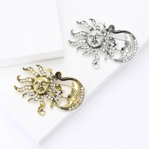 Broche De Aleación Vintage De Sol Y Luna Con Diamantes De Imitación Alfileres Retro De Rostro Celestial Para Ropa Abrigos Suéteres Joyería Regalo Mujeres Hombres