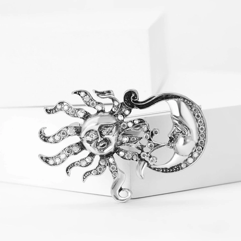 Broche De Aleación Vintage De Sol Y Luna Con Diamantes De Imitación Alfileres Retro De Rostro Celestial Para Ropa Abrigos Suéteres Joyería Regalo Mujeres Hombres