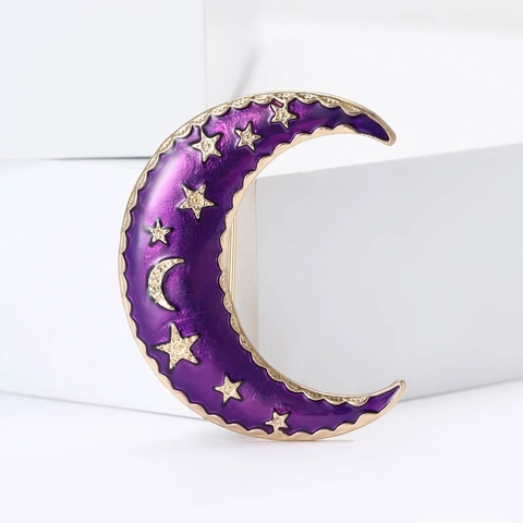 Fashion Alloy Enamel Starry Night Moon Brooch With Rhinestone Star Pattern For Women Suit Sweater Jewelry Lapel Pin Gift