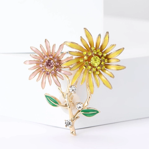 Spilla a Forma di Girasole in Smalto Lega Strass Doppio Fiore Spilla da Donna Chic Floreale Gioielli di Moda Accessorio