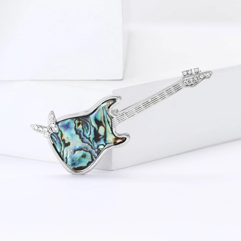 Exquisite Alloy Abalone Shell Guitar Brooch Musical Instrument Design With Rhinestone Accents Fashion Jewelry Pin For Suit