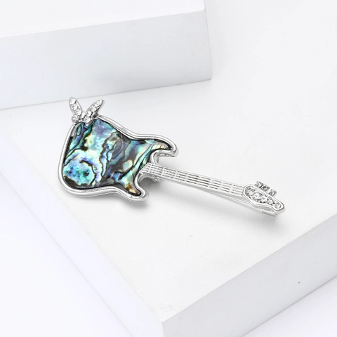 Exquisite Alloy Abalone Shell Guitar Brooch Musical Instrument Design With Rhinestone Accents Fashion Jewelry Pin For Suit