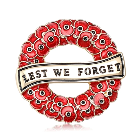 Lest We Forget Memorial Poppy Wreath Brooch Alloy Enamel Red Flower Pin For Women Remembrance Day Jewelry Gift