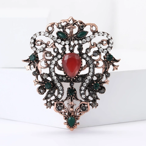 Vintage Palace Style Alloy Red Rhinestone Brooch Water Drop Hollow Out Bohemian Corsage Suit Coat Pin Jewelry For Women