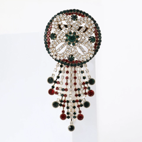 Vintage Alloy Rhinestone Round Wreath Brooch With Colorful Tassel Drop Crystal Inlaid Decorative Pin For Women Fashion Jewelry