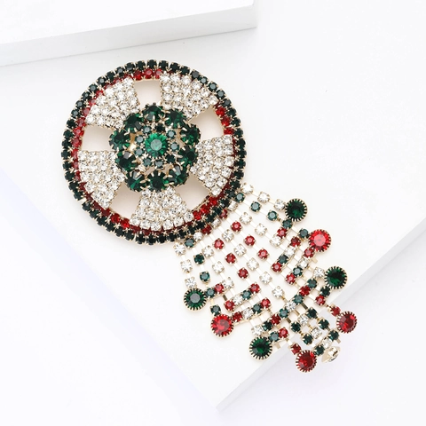 Vintage Palace Style Alloy Rhinestone Round Tassel Brooch For Women Gold Plated Colorful Crystal Flower Dress Pins Accessory