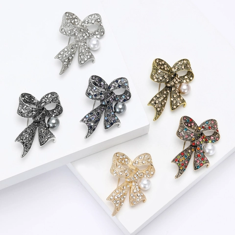 Spilla a Fiocco in Lega con Strass e Perla Artificiale Vintage Elegante Spilla per Abbigliamento Gioielli da Donna Banchetto