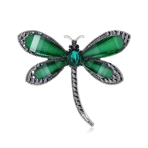 Vintage Alloy Resin Dragonfly Brooch For Women Luxurious Rhinestone Inlaid Insect Corsage Fashion Jewelry Pin For Suit Coat