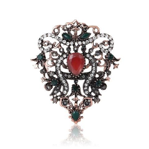 Vintage Palace Style Alloy Red Rhinestone Brooch Water Drop Hollow Out Bohemian Corsage Suit Coat Pin Jewelry For Women