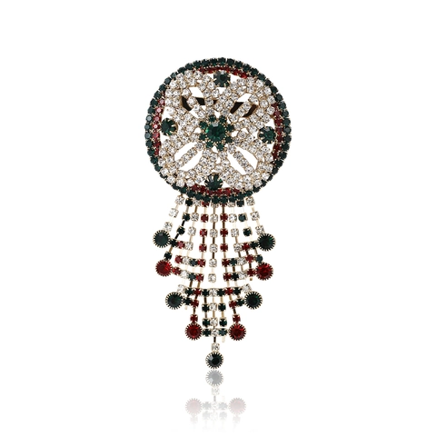 Vintage Alloy Rhinestone Round Wreath Brooch With Colorful Tassel Drop Crystal Inlaid Decorative Pin For Women Fashion Jewelry