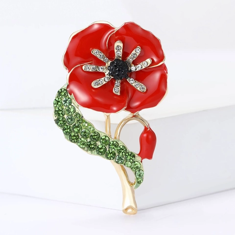 Fashion Alloy Enamel Poppy Flower Brooch For Women Red Rhinestone Floral Corsage Pin Jewelry Accessory Wedding Gift