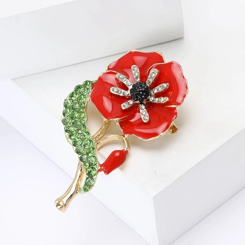 Vintage Elegant Alloy Enamel Red Poppy Flower Brooch With Green Rhinestone Inlaid For Women Fashion Jewelry Decoration Pin