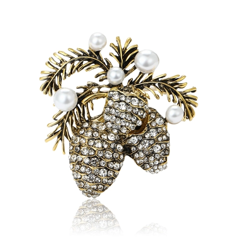 Vintage Legierung Zapfen Brosche Für Damen Gold Plattiert Nadel Mit Künstlichen Perlen Und Strass Mode Anzug Mantel Ansteckblume Schmuck