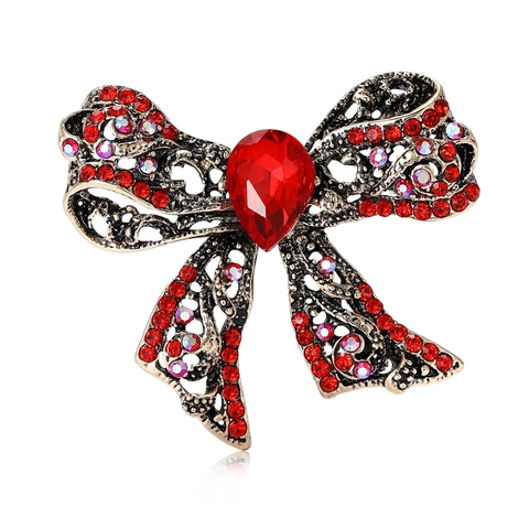 Vintage Alloy Rhinestone Hollow Bow Brooch Elegant Bowknot Breastpin For Women Suit Coat Jewelry Accessories Gift