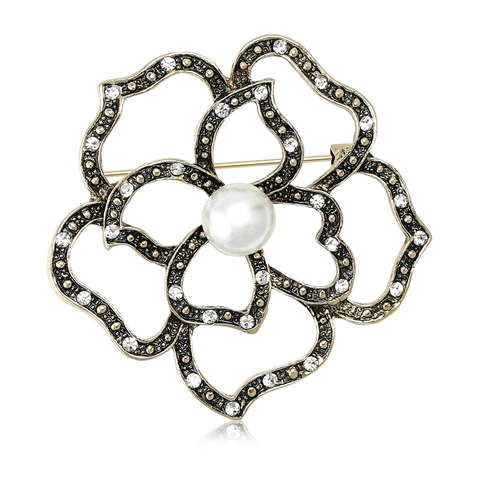 Vintage Alloy Hollow Flower Brooch For Women With Artificial Pearl And Rhinestone Elegant Suit Dress Corsage Accessory