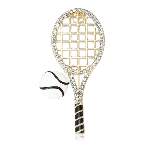 Mode Legering Strass Tennisracket Broche Pin Met Mini Tennisbal Creatieve Sport Thema Sieraden Accessoire Voor Dames Heren