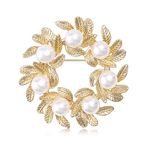 Elegante Broche de Guirnalda de Hojas de Aleación para Mujer con Perlas Artificiales Broche de Vid Floral Chapado en Oro Plata