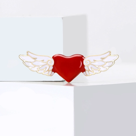 Nuova Spilla a Cuore con Ali d'Angelo in Lega Smaltata Moda Minimalista Spilla da Bavero a Cuore Rosso Accessorio per Vestiti Donna Gioielli San Valentino