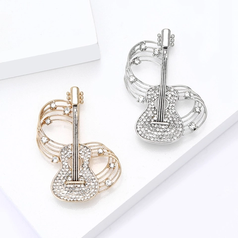 Vintage Alloy Rhinestone Guitar Brooch For Women Men Music Note Instrument Lapel Pin Fashion Jewelry Gift Gold Silver