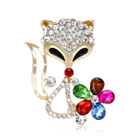 Broche de Zorro y Flor de Aleación para Mujer Elegante Alfiler de Corsage de Animal con Strass Joyería de Cristal