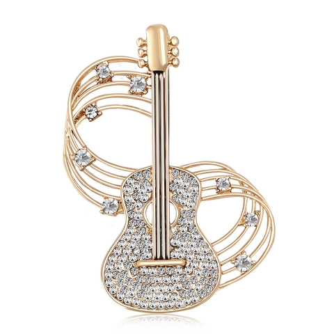 Vintage Alloy Rhinestone Guitar Brooch For Women Men Music Note Instrument Lapel Pin Fashion Jewelry Gift Gold Silver