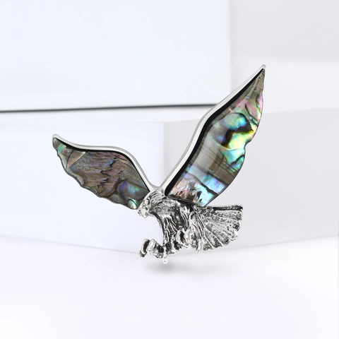 Vintage Eagle Brooch Men Suit Shirt Accessory Alloy Abalone Shell Inlay Silver Tone Animal Pin Exquisite Fashion Jewelry