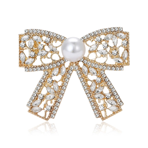 Vintage Legering Strik Broche Met Strass En Kunstparel Elegante Holle Corsage Speld Voor Dames Jurk Accessoire Geschenk