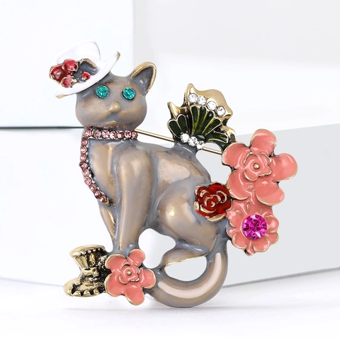 Cartoon Enamel Cat Flower Brooch For Women Alloy Rhinestone Sweet Animal Floral Breastpin Fashion Jewelry Clothing Accessories