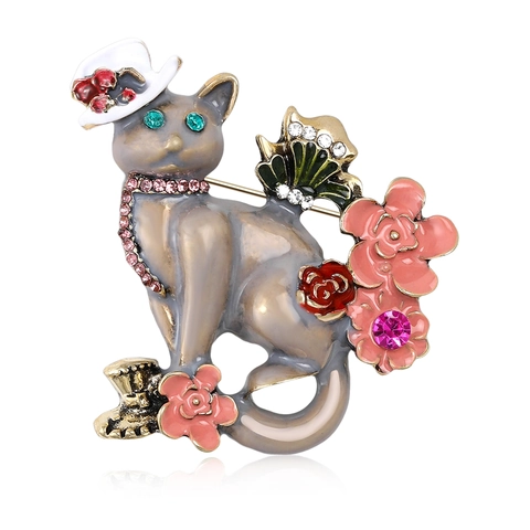 Cartoon Enamel Cat Flower Brooch For Women Alloy Rhinestone Sweet Animal Floral Breastpin Fashion Jewelry Clothing Accessories