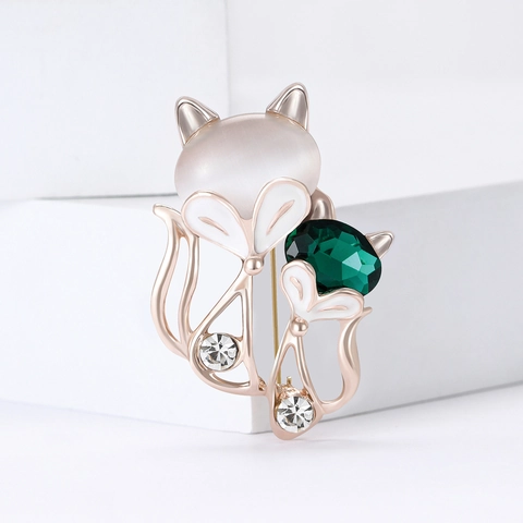 Spilla Volpe in Lega Vintage per Donna Placcata in Oro Rosa Cristallo Verde Strass Smalto Volpe Madre e Figlio Gioielli Pin Animale