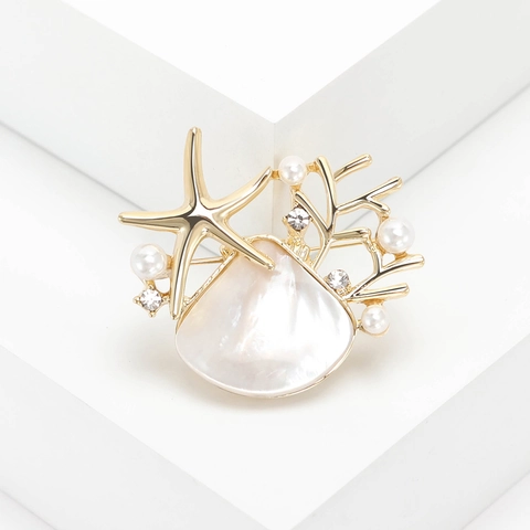 Vintage Alloy Shell Starfish Brooch For Women Elegant Nautical Faux Pearl Rhinestone Coral Pin Accessory For Daily Banquet
