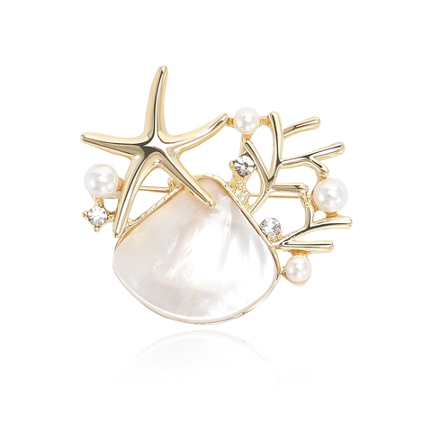 Vintage Alloy Shell Starfish Brooch For Women Elegant Nautical Faux Pearl Rhinestone Coral Pin Accessory For Daily Banquet