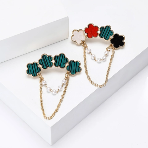 Elegant Alloy Flower Brooch With Artificial Pearl Chain Tassel Vintage Style For Women Coats Sweaters Jewelry Accessory