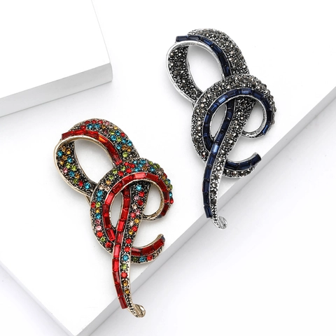 Gorgeous Alloy Rhinestone Retro Ribbon Knot Brooch Elegant Abstract Music Note Corsage Jewelry Pin For Women Wedding Party