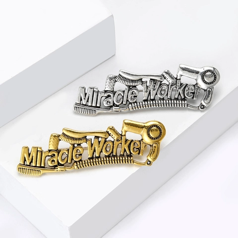 Vintage Alloy Hairdresser Brooch Scissors Comb Hair Dryer Miracle Worker Letter Pin Salon Jewelry Gift For Women Men Jewelry