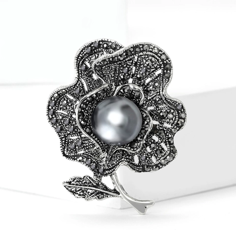 Broche de Flor de Aleación Vintage para Mujer Elegante Negro de Humo Perla Artificial Strass Calado Floral Corsé Vestido Joyería