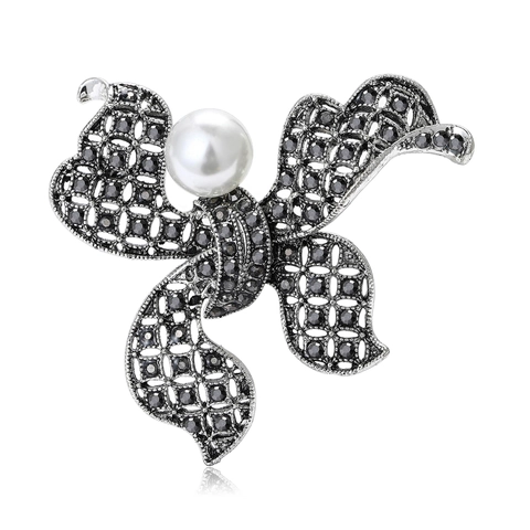 Spilla a Fiocco Traforata in Lega Vintage per Donna Con Decorazioni in Strass e Centro in Perla Artificiale Elegante Spilla per Abiti Gioielli