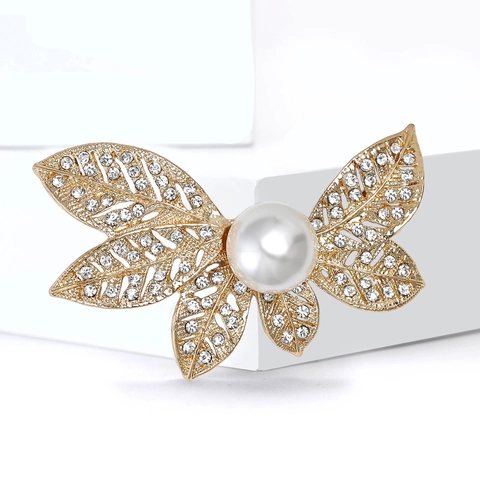 Elegante Legering Blad Vlinder Broche Met Imitatieparel Strass Goud Zilver Zwart Voor Vrouwen Mode Sieraden