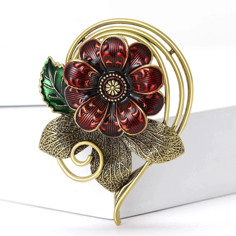 Vintage Enamel Flower Brooch For Women Gold Alloy Red Floral Lapel Pin Jewelry Accessory For Dress Cardigan