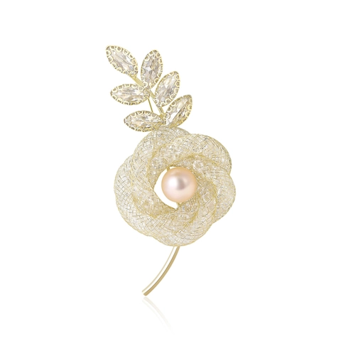 Elegant Hollow Mesh Gold Rose Brooch For Women Alloy Artificial Pearl Rhinestone Flower Corsage Pin Dress Suit Accessory