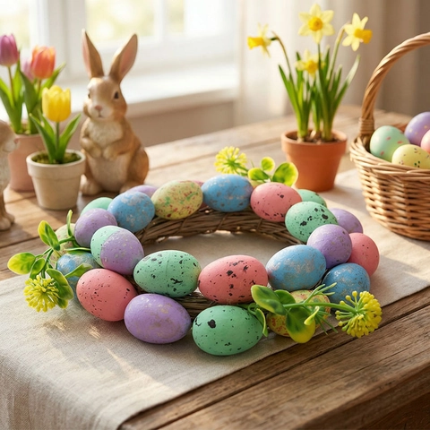 Ghirlanda di Uova di Pasqua Tonalità Pastello Uova Picchiettate Ghirlanda Floreale Con Base in Vite Naturale per Decorazione Festiva della Casa