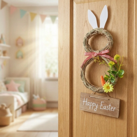 Handmade Easter Bunny Straw Woven Hanging Ornament With Happy Easter Sign Rabbit Garland For Front Door Home Wall Decor
