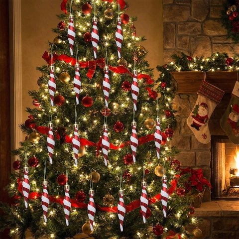 Ornamenti a Ghiacciolo a Spirale Rosso Bianco Glitter Plastica Albero di Natale Pendenti Appesi Decorazione Festiva