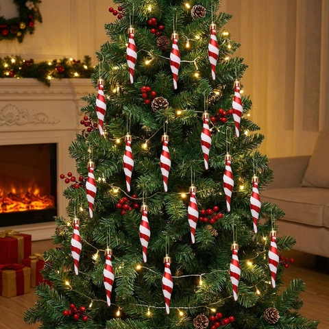 Ornamenti a Ghiacciolo a Spirale Rosso Bianco Glitter Plastica Albero di Natale Pendenti Appesi Decorazione Festiva